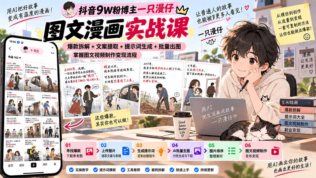抖音9W粉博主一只漫仔图文漫画课：爆款拆解+文案提取+提示词生成+批量出图，掌握图文视频制作变现流程-网创之家