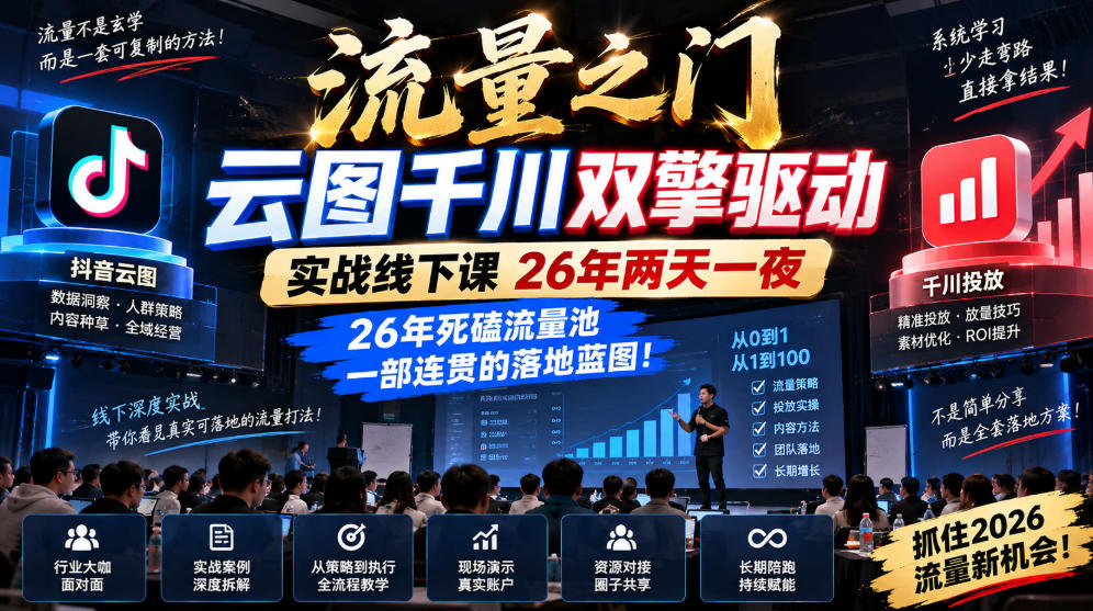 流量之门-云图千川双擎驱动实战线下课26年两天一夜，26年死磕流量池一部连贯的落地蓝图!-网创之家