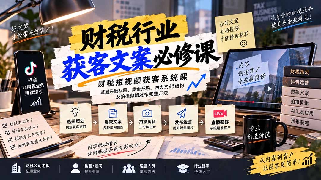 财税短视频获客系统课：掌握选题标题、黄金开场、四大文案结构及拍摄剪辑发布完整方法-网创之家