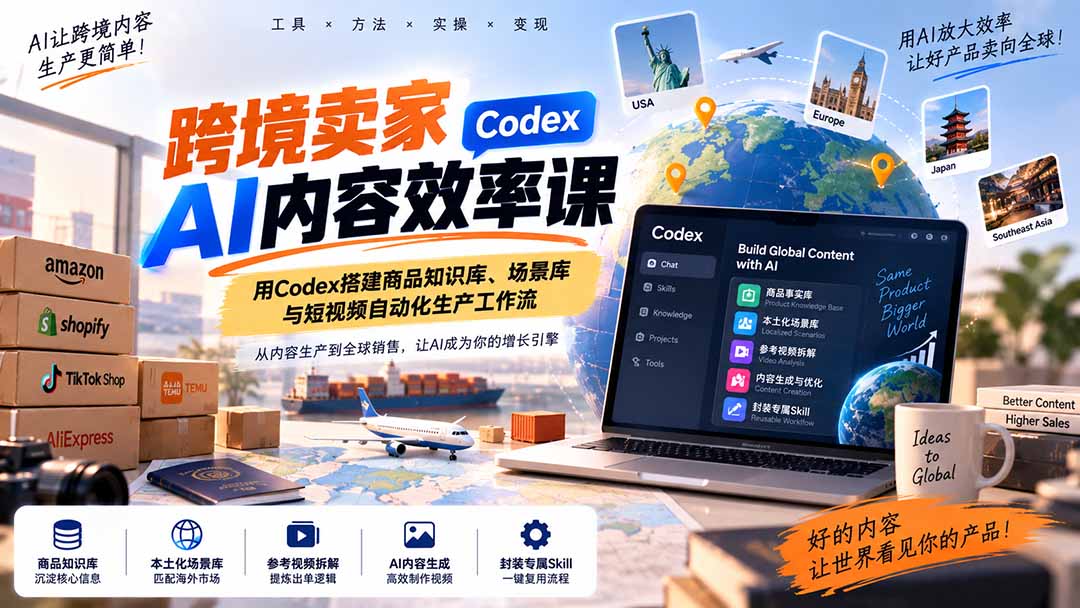 跨境卖家AI内容效率课：用Codex搭建商品知识库、场景库与短视频自动化生产工作流-网创之家