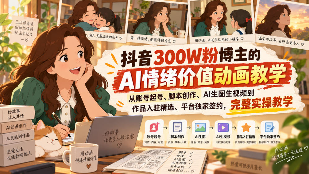 抖音300W粉博主的AI情绪价值动画教学，从账号起号、脚本创作、AI生图生视频到作品入驻精选、平台独家签约，完整实操-网创之家