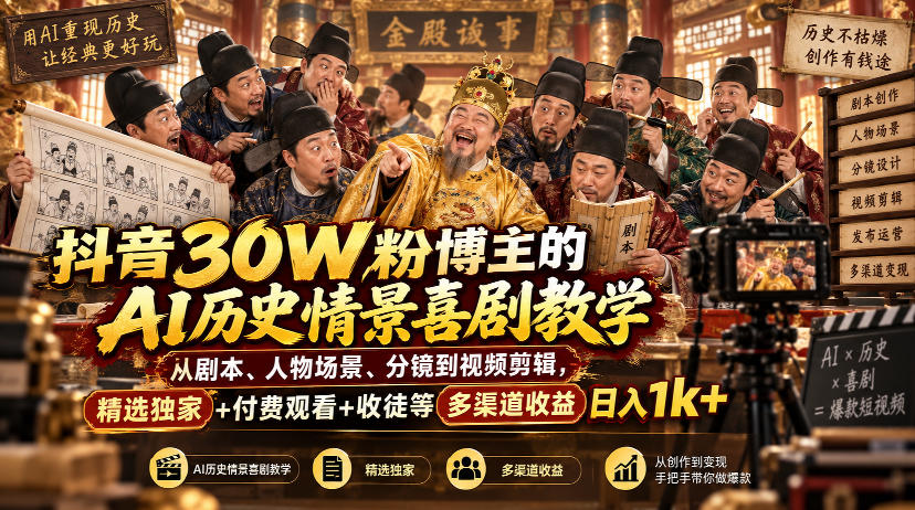 抖音30W粉博主的AI历史情景喜剧教学，从剧本、人物场景、分镜到视频剪辑，精选独家+付费观看+收徒等多渠道收益日入1k+-网创之家
