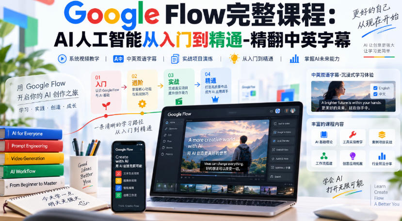 【无水印】Google Flow完整课程：AI人工智能从入门到精通-精翻中英字幕-网创之家
