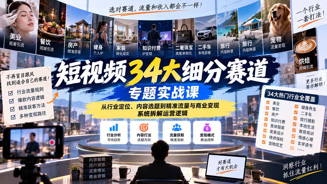 短视频34大细分赛道专题实战课：从行业定位、内容选题到精准流量与商业变现，系统拆解运营逻辑-网创之家
