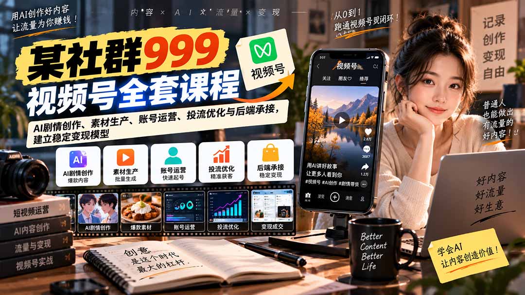 【无水印】某社群999视频号全套课程：AI剧情创作、素材生产、账号运营、投流优化与后端承接，建立稳定变现模型-网创之家