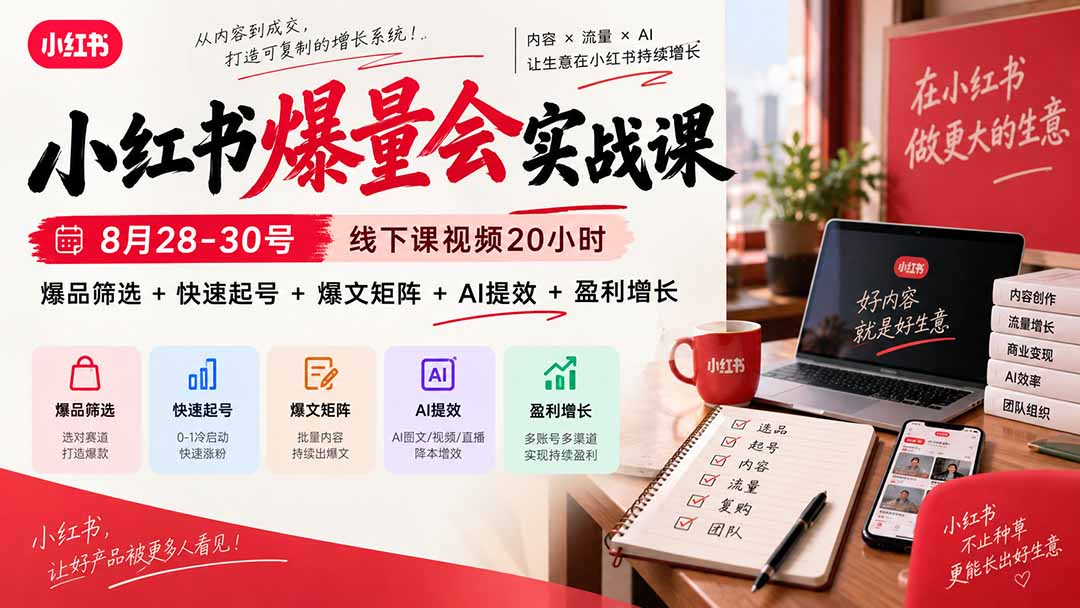 小红书爆量会实战课-更新9月23：线下课视频20小时，爆品筛选+快速起号+爆文矩阵+AI提效+盈利增长-网创之家