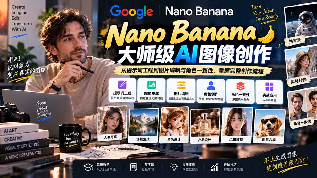 【无水印】Nano Banana大师级AI图像实战课：从提示词工程到图片编辑与角色一致性，掌握完整创作流程-网创之家