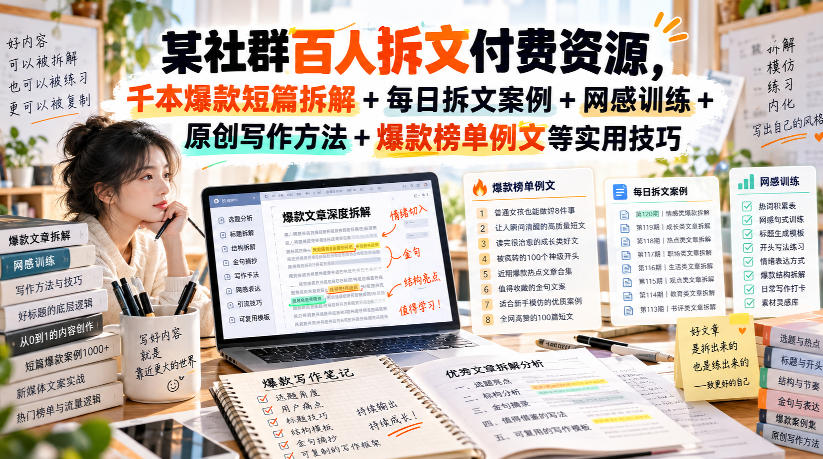 某社群百人拆文付费资源，千本爆款短篇拆解+每日拆文案例+网感训练+原创写作方法+爆款榜单例文等实用技巧(持续更新)-网创之家