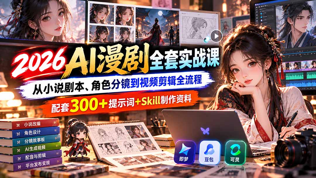 【无水印】2026AI漫剧全套实战课：从小说剧本、角色分镜到视频剪辑全流程，配套300+提示词+Skill制作资料-网创之家
