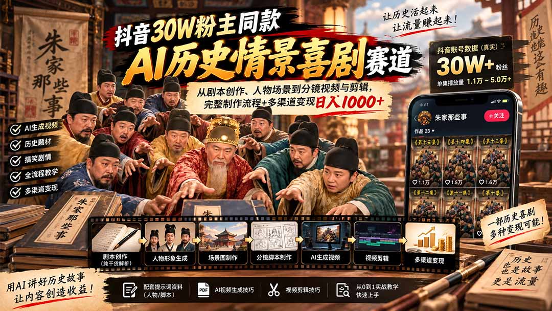 抖音30W粉博主同款AI历史情景喜剧赛道：从剧本创作、人物场景到分镜视频与剪辑，完整制作流程+多渠道变现日入1000+-网创之家