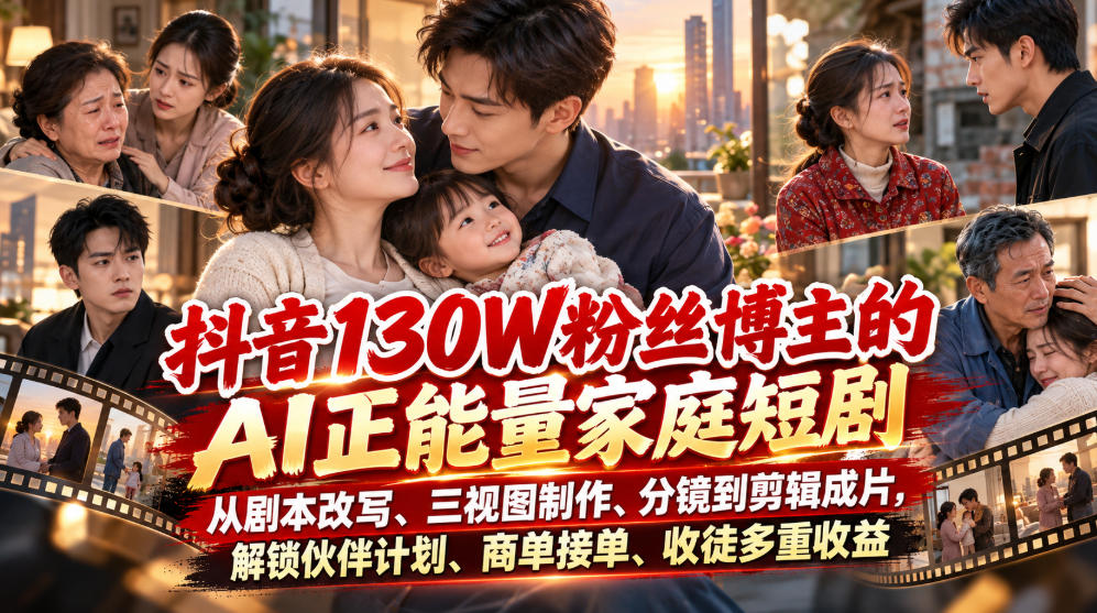 抖音130W粉丝博主的AI正能量家庭短剧，从剧本改写、三视图制作、分镜到剪辑成片，解锁伙伴计划、商单接单、收徒多重收益-网创之家