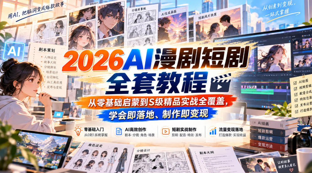 2026AI漫剧短剧全套教程，从零基础启蒙到S级精品实战全覆盖，学会即落地、制作即变现-网创之家