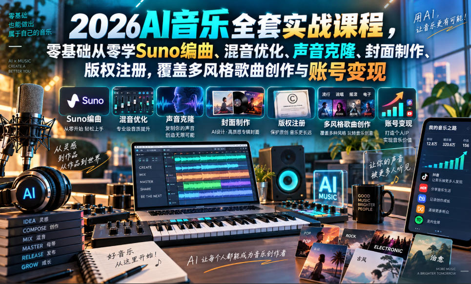 2026AI音乐实战课程，零基础从零学Suno编曲、混音优化、声音克隆、版权注册，覆盖多风格歌曲创作与账号变现(更新0924)-网创之家