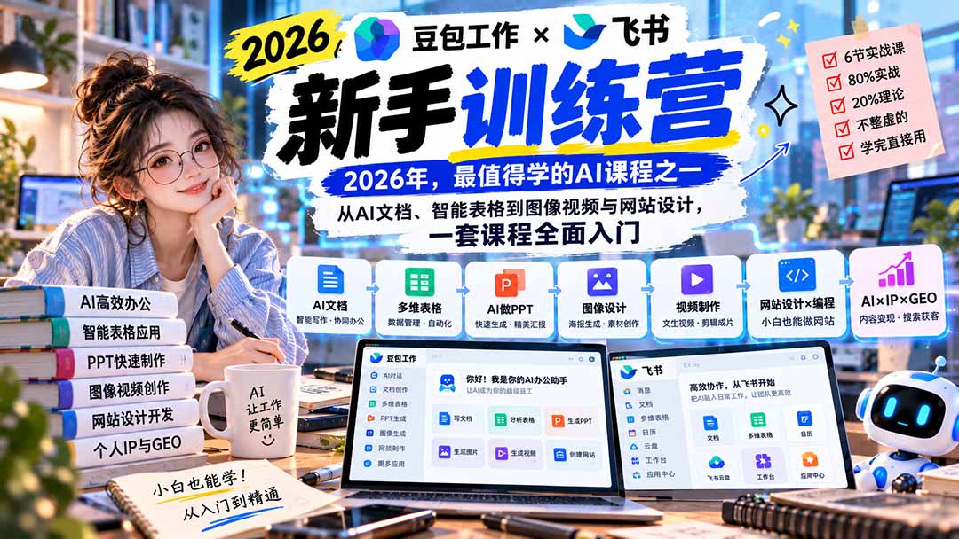 2026豆包工作+飞书新手训练营-9月新课：从AI文档、智能表格到图像视频与网站设计，一套课程全面入门-网创之家