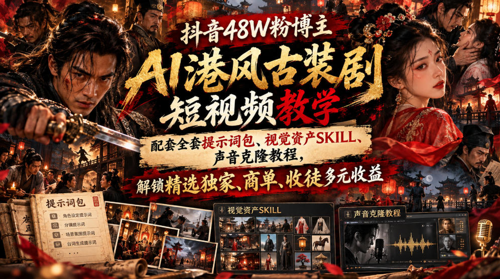 抖音48W粉博主AI港风古装剧短视频教学，配套全套提示词包、视觉资产SKILL、声音克隆教程，解锁精选独家、商单、收徒多元收益-网创之家