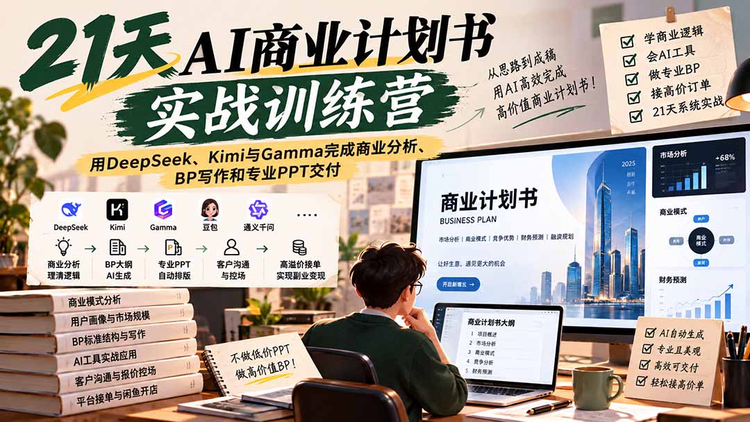 【无水印】21天AI商业计划书实战训练营：用DeepSeek、Kimi与Gamma完成商业分析、BP写作和专业PPT交付-网创之家