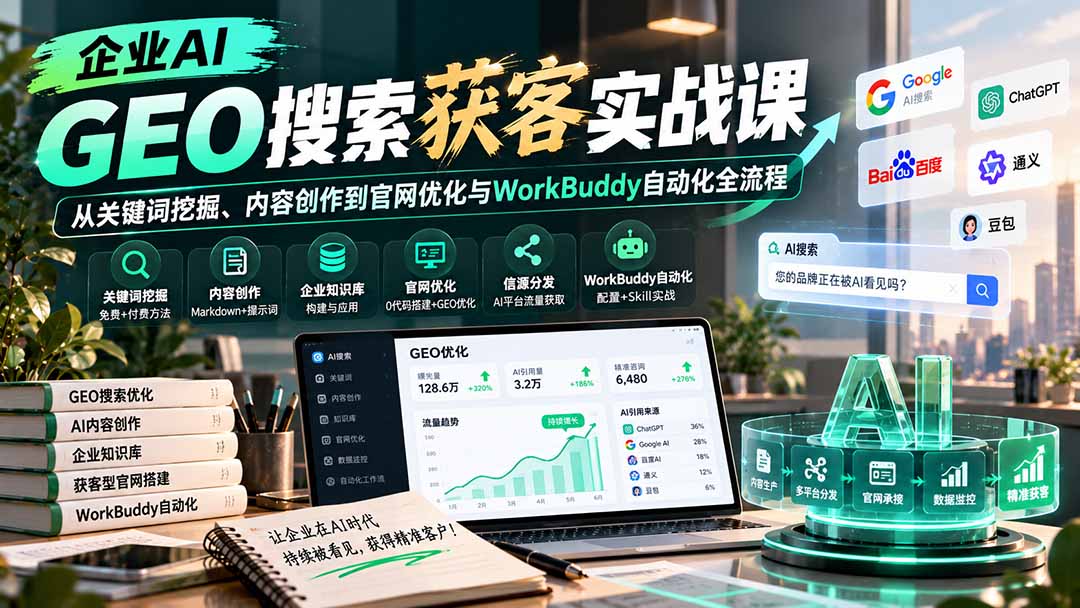 企业AI GEO搜索获客实战课：从关键词挖掘、内容创作到官网优化与WorkBuddy自动化全流程-网创之家