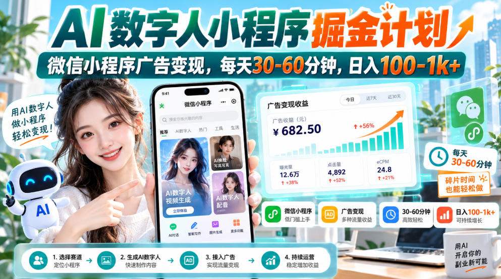 【无水印】AI数字人小程序掘金计划，微信小程序广告变现，每天30‑60分钟，日入100‑1k+-网创之家