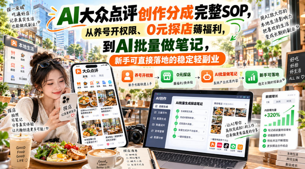 【无水印】AI大众点评创作分成完整SOP，从养号开权限、0元探店薅福利，到AI批量做笔记，新手可直接落地的稳定轻副业-网创之家