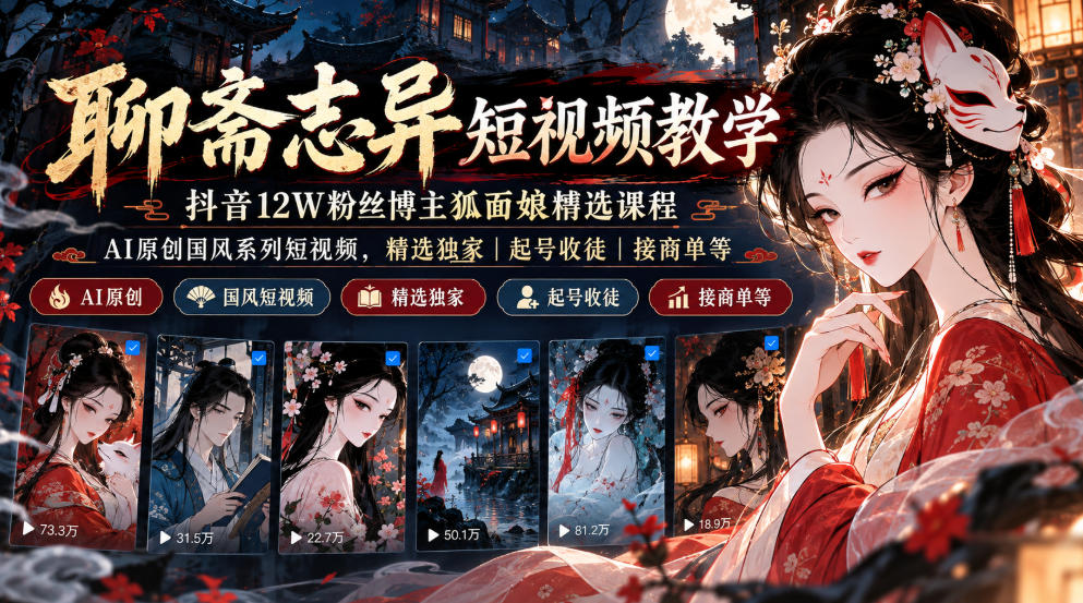 聊斋志异短视频教学，抖音12W粉丝博主狐面娘精选课程，AI原创国风系列短视频，精选独家丨起号收徒丨接商单等-网创之家