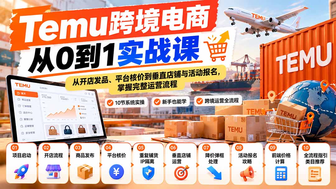 【无水印】Temu跨境电商从0到1实战课：从开店发品、平台核价到垂直店铺与活动报名，掌握完整运营流程-网创之家