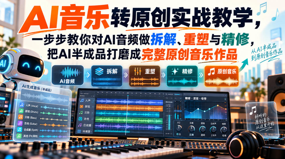 AI音乐转原创实战教学，一步步教你对AI音频做拆解、重塑与精修，把AI半成品打磨成完整原创音乐作品-网创之家