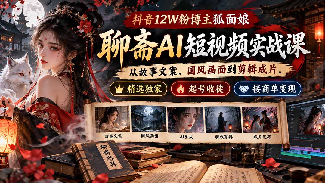 抖音12W粉博主狐面娘-聊斋AI短视频实战课：从故事文案、国风画面到剪辑成片，精选独家+起号收徒+接商单变现-网创之家