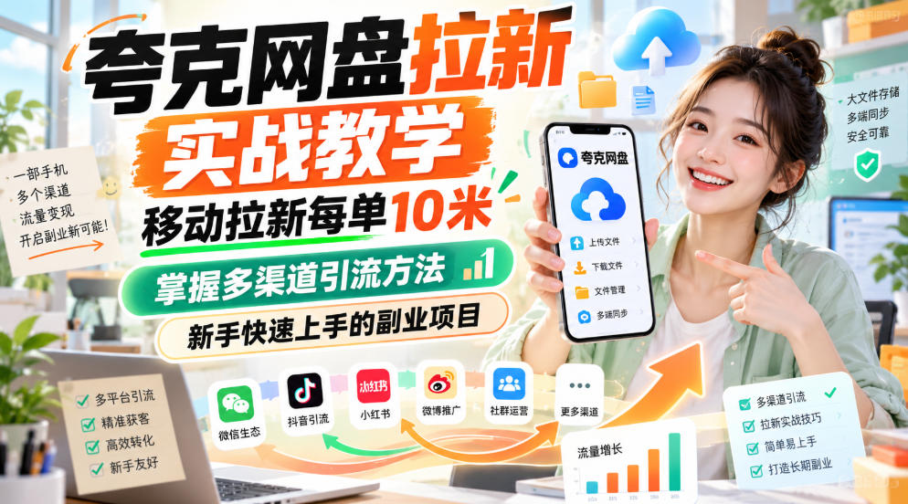 夸克网盘拉新实战教学，移动拉新每单10米，掌握多渠道引流方法，新手快速上手的副业项目-网创之家