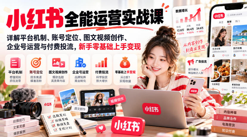 小红书全能运营实战课，详解平台机制、账号定位、图文视频创作、企业号运营与付费投流，新手零基础上手变现-网创之家