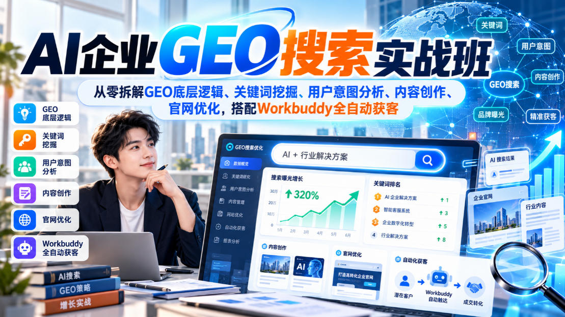 AI企业GEO搜索实战班，从零拆解GEO底层逻辑、关键词挖掘、用户意图分析、内容创作、官网优化，搭配Workbuddy全自动获客-网创之家