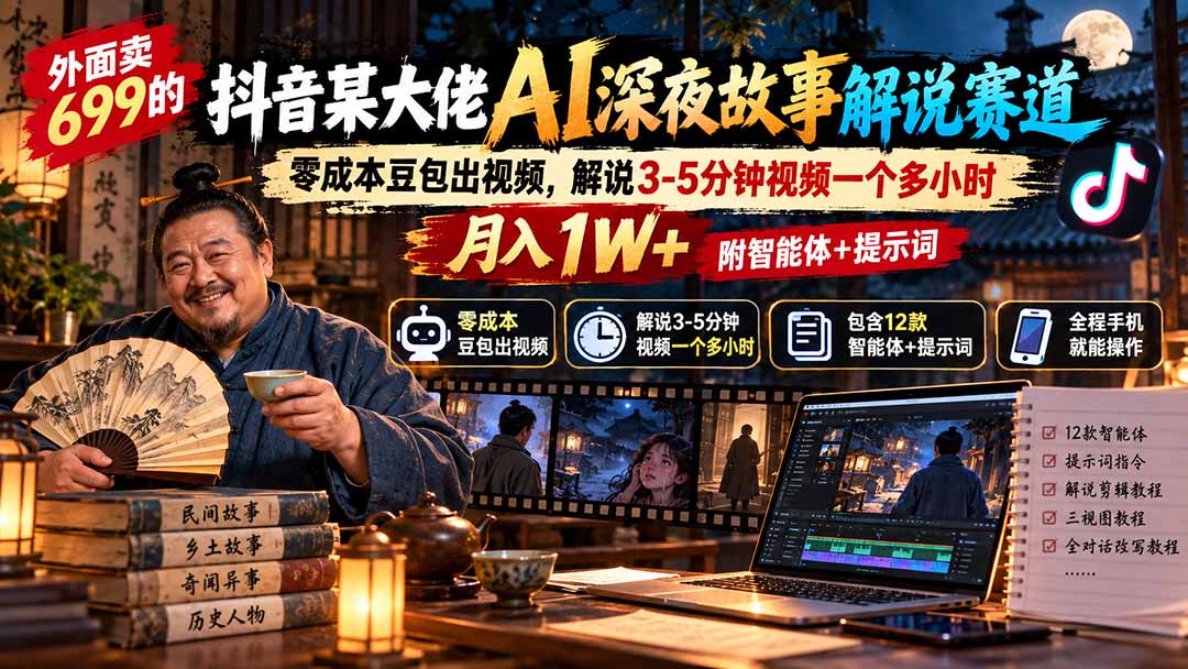 外面卖699的抖音某大佬AI深夜故事解说赛道：零成本豆包出视频，解说3-5分钟视频一个多小时，月入1W+附智能体+提示词-网创之家