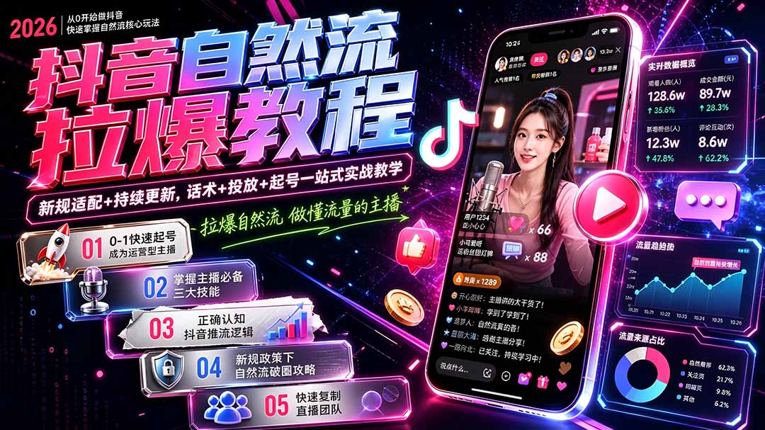 抖音自然流拉爆教程-更新9月：做懂流量的主播，新规适配+持续更新，话术+投放+起号一站式实战教学-网创之家