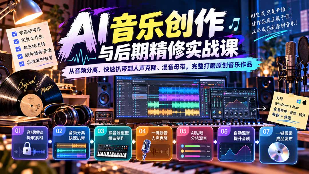 AI音乐创作与后期精修实战课：从音频分离、快速扒带到人声克隆、混音母带，完整打磨原创音乐作品-网创之家