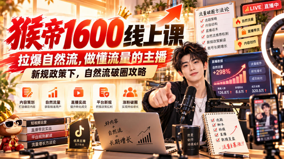 猴帝1600线上课，拉爆自然流，做懂流量的主播，新规政策下，自然流破圈攻略【更新260926】-网创之家