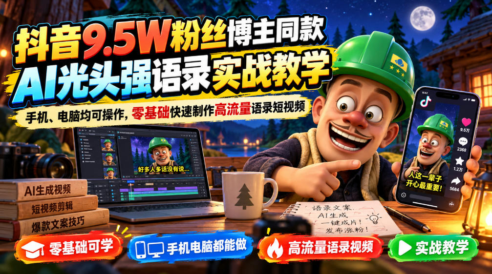 抖音9.5W粉丝博主同款AI光头强语录实战教学，手机、电脑均可操作，零基础快速制作高流量语录短视频-网创之家