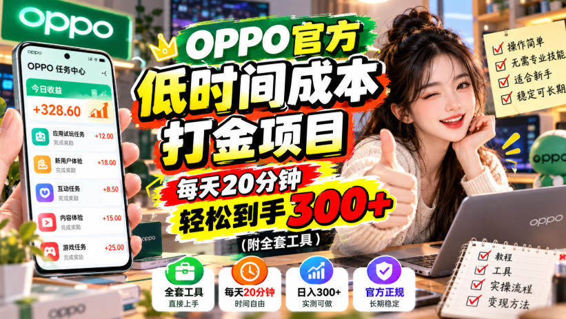 OPPO官方低时间成本打金项目，每天20分钟，轻松到手300+(附全套工具)【揭秘】-网创之家