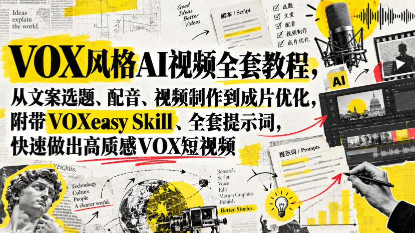 VOX风格AI视频全套教程，从文案选题、配音、视频制作到成片优化，附带VOXeasy Skill、全套提示词，快速做出高质感VOX短视频-网创之家