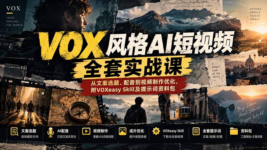 【无水印】VOX风格AI短视频全套实战课：从文案选题、配音到视频制作优化，附VOXeasy Skill及提示词资料包-网创之家