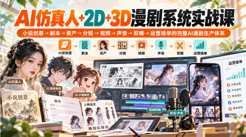【无水印】AI仿真人+2D+3D漫剧系统实战课，小说创意→剧本→资产→分镜→视频→声音→剪辑→运营接单的完整AI漫剧生产体系-网创之家