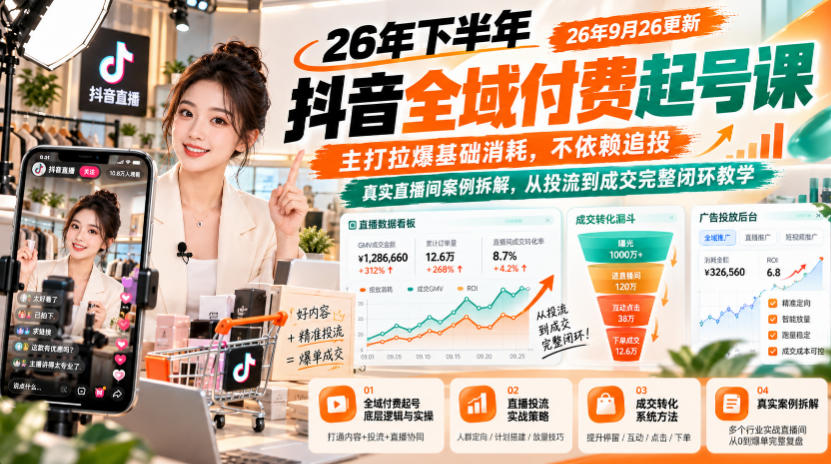 26年下半年抖音全域付费起号课26年9月26更新，主打拉爆基础消耗，不依赖追投，真实直播间案例拆解，从投流到成交完整闭环教学-网创之家