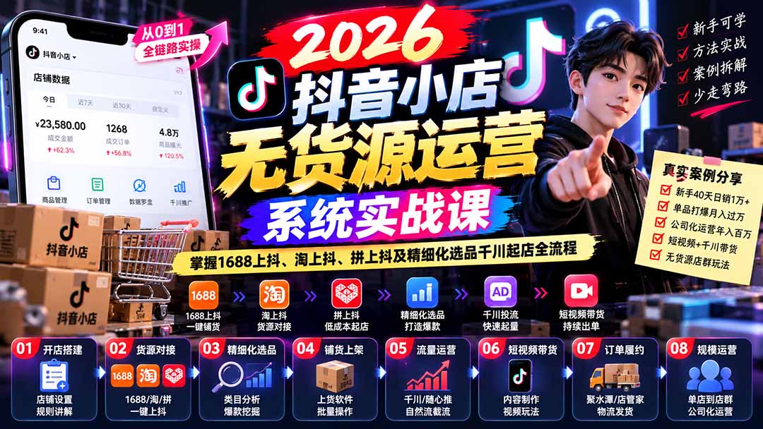 【无水印】2026抖音小店无货源运营系统实战课：掌握1688上抖、淘上抖、拼上抖及精细化选品千川起店全流程-网创之家