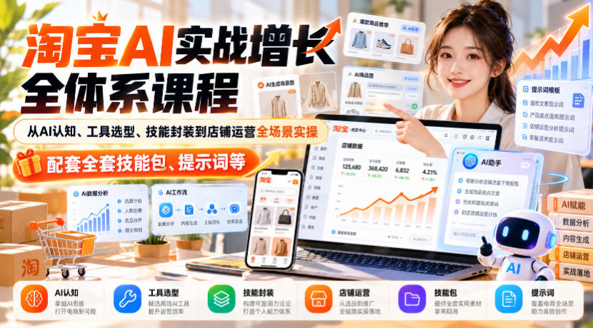淘宝AI实战增长全体系课程，从AI认知、工具选型、技能封装到店铺运营全场景实操，配套全套技能包、提示词等-网创之家