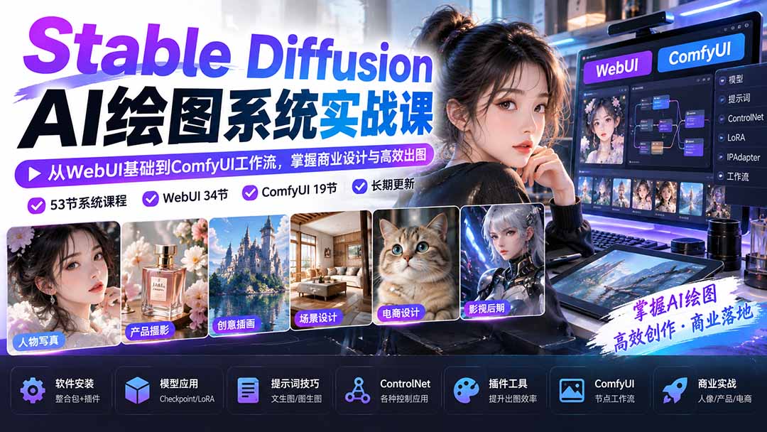 【无水印】Stable Diffusion AI绘图系统实战课：从WebUI基础到ComfyUI工作流，掌握商业设计与高效出图-网创之家