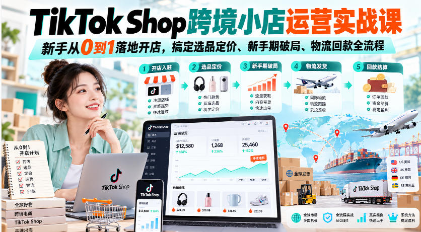 TikTok Shop跨境小店运营实战课，新手从0到1落地开店，搞定选品定价、新手期破局、物流回款全流程-网创之家