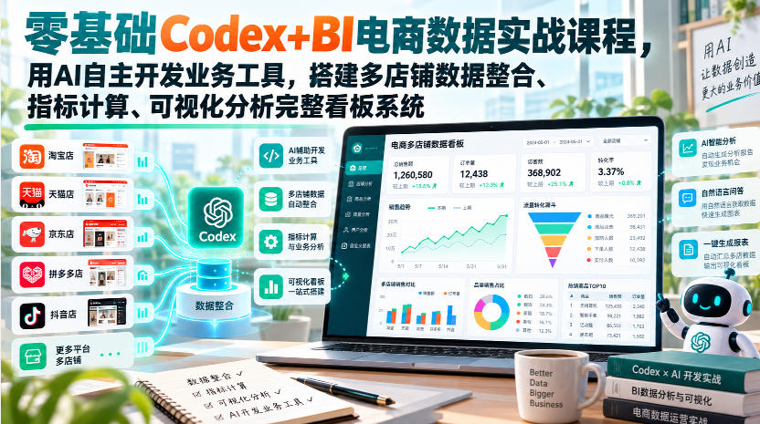 零基础Codex+BI电商数据实战课程，用AI自主开发业务工具，搭建多店铺数据整合、指标计算、可视化分析完整看板系统-网创之家