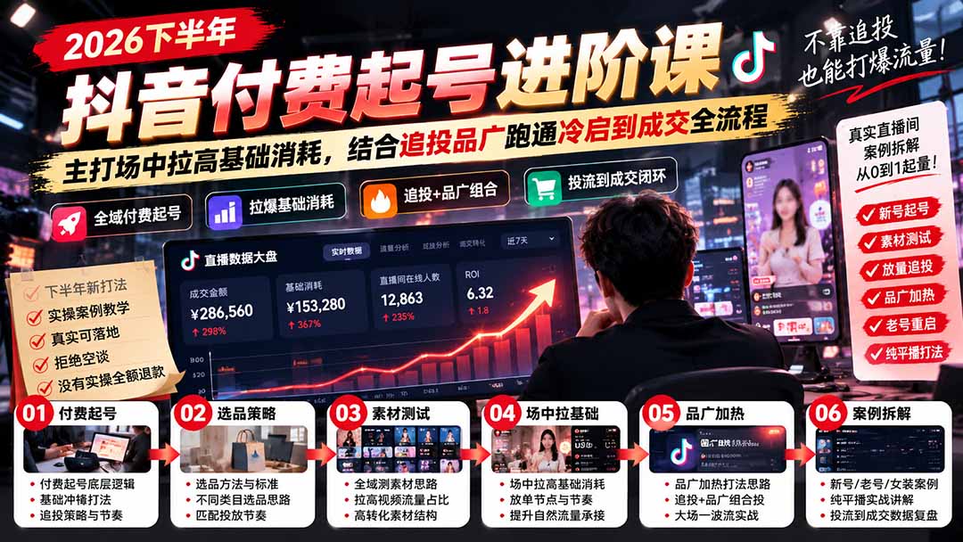 2026下半年抖音付费起号进阶课：主打场中拉高基础消耗，结合追投品广跑通冷启到成交全流程-网创之家