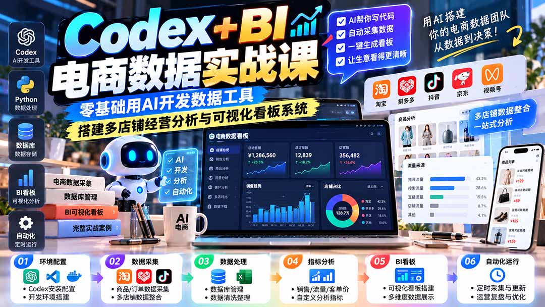 Codex+BI电商数据实战课：零基础用AI开发数据工具，搭建多店铺经营分析与可视化看板系统-网创之家