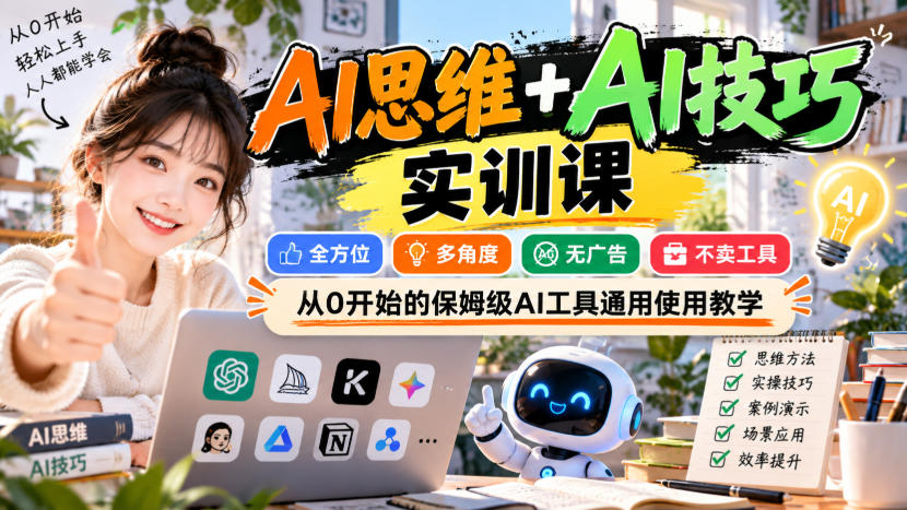 【无水印】AI思维+AI技巧实训课，全方位、多角度、无广告、不卖工具，从0开始的保姆级AI工具通用使用教学-网创之家