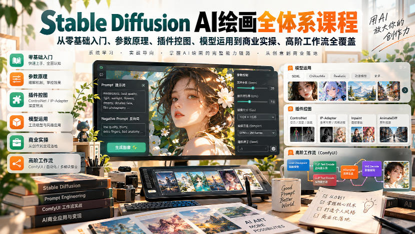 【无水印】Stable Diffusion AI绘画全体系课程，从零基础入门、参数原理、插件控图、模型运用到商业实操、高阶工作流全覆盖-网创之家