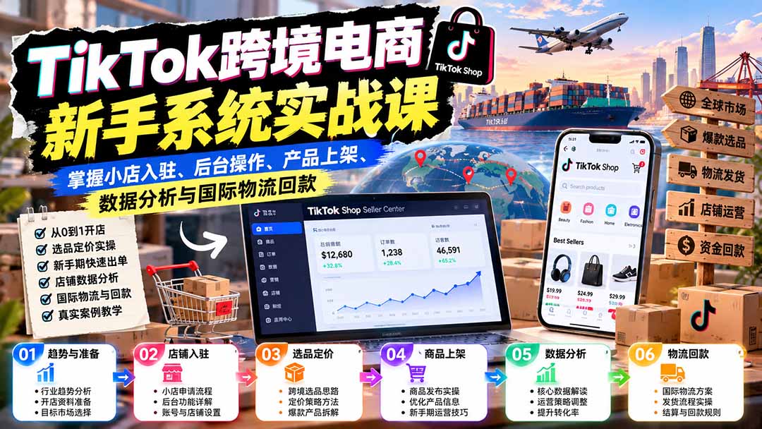 TikTok跨境电商新手系统实战课：掌握小店入驻、后台操作、产品上架、数据分析与国际物流回款-网创之家
